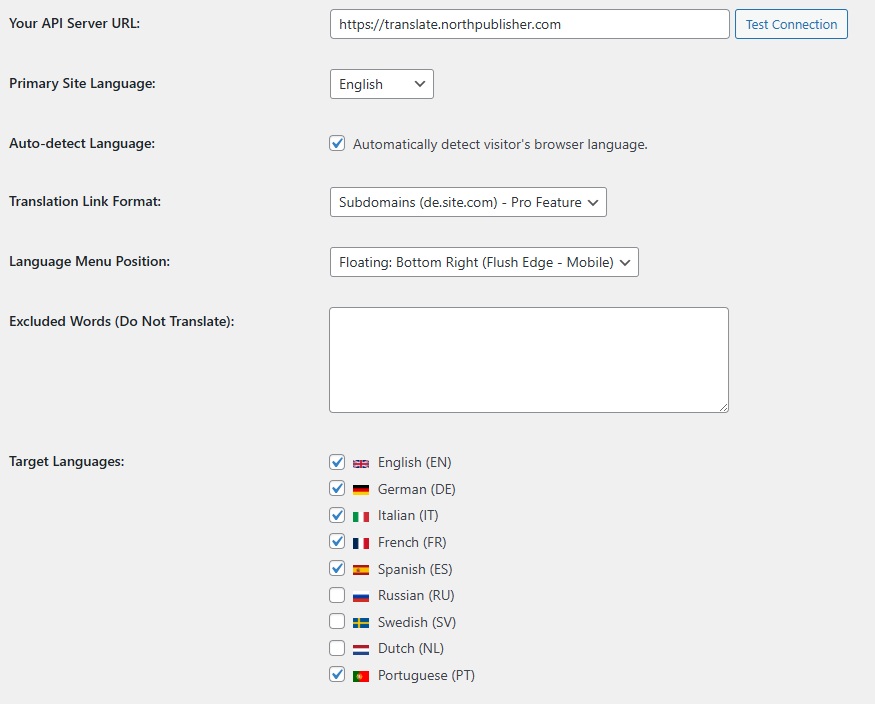 Libre Translate Einstellungsübersicht